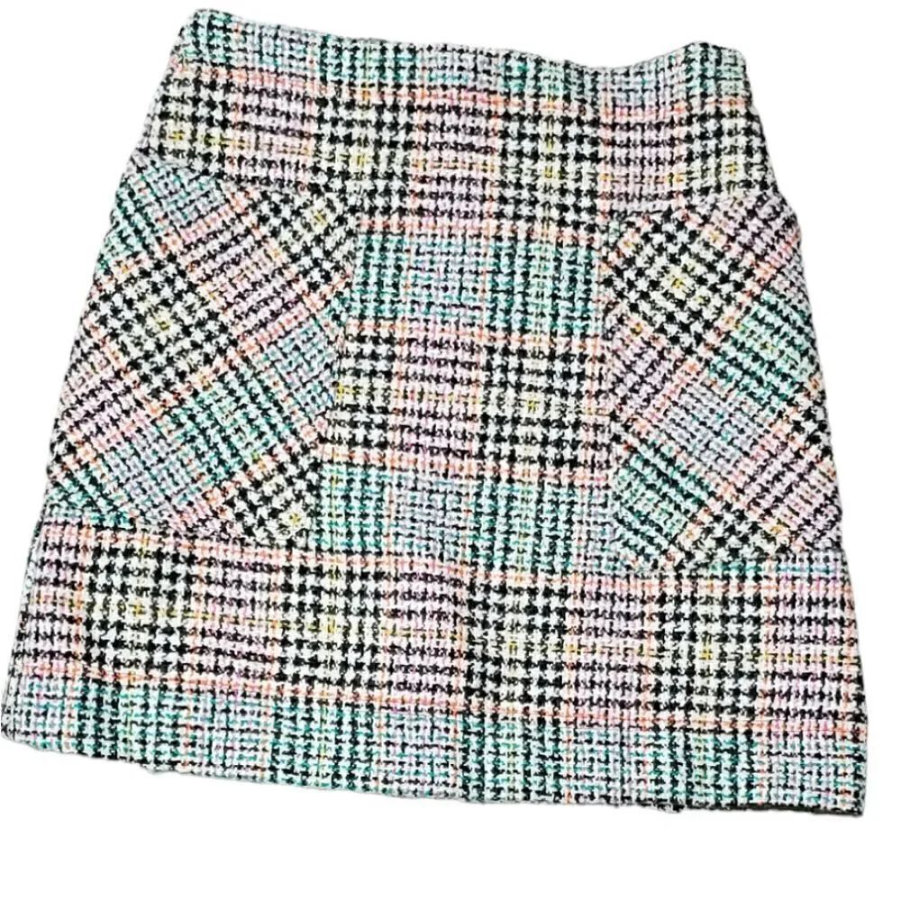Maeve Coral, Gray, Green & Orange Plaid Tweed Skirt